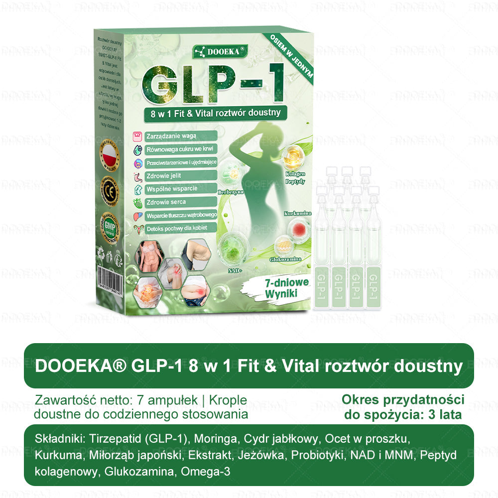 ✅DOOEKA® GLP-1 8 w 1 Fit & Vital roztwór doustny – Raz dziennie, widoczne zmiany w ciągu 7 dni / W przypadku otyłości, zdrowia serca i układu krążenia, cukrzycy, bezdechu sennego, zdrowia jelit, problemów ze stawami i wielu innych