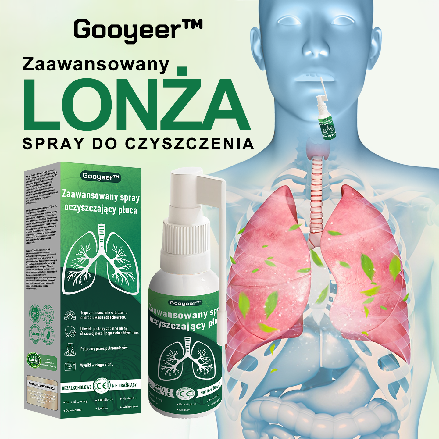Gooyeer™ Zaawansowany spray do oczyszczania płuc – zdrowe płuca, wsparcie odporności, detoksykacja i łatwiejsze oddychanie – Certyfikat CE